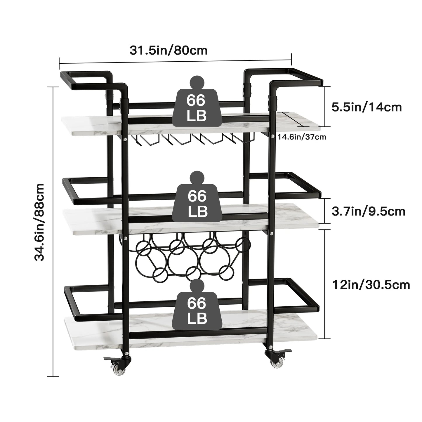 BENOSS 3-Tier Home Bar Cart with Wine Rack and Glass Cup Storage, Mobile Serving Wine Cart on Wheels, Modern Drink Trolley for Coffee Tea Wine, Beverage Bar Table for Home Kitchen Party, Black