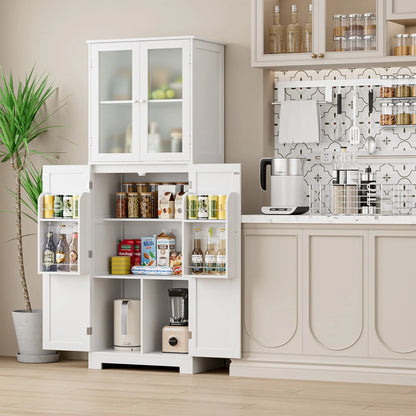 Homfa 67'' Farmhouse Kitchen Pantry Cabinet, Tall Storage Cabinet with Frosted Glass Doors for Dining Room, White