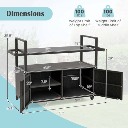 Costway Outdoor Bar Cart with Tempered Glass Top Storage Cabinet & 8 Hooks for Porch