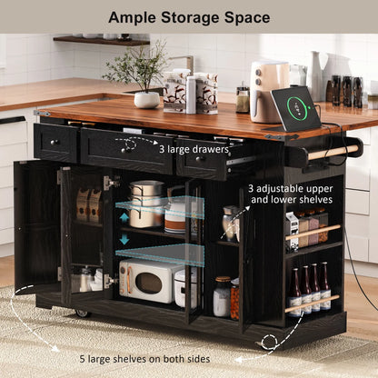 53'' Farmhouse Kitchen Island with Two Tempered Glass Cabinet Doors, Kitchen Rolling Island with Power Outlet 5 Open Side Racks and 3 Drawers,Mobile Island Table for Kitchen, Dining Room,Black