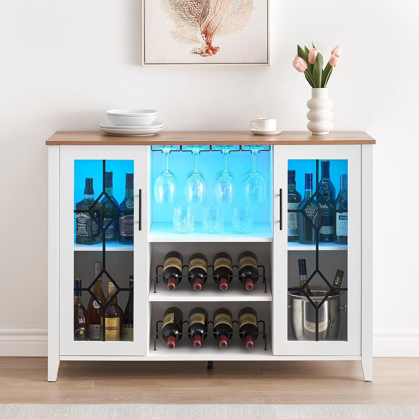 FOLDLIFE Wine Bar Cabinet with LED Lights, Liquor Cabinet Bar with Storage Cabinet, Coffee Cabinet with Bottles and Glass Rack, Buffet Sideboard with Storage Cabinet& Drawers,Dark Grey