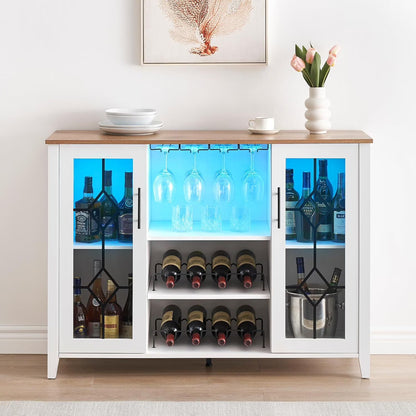 FOLDLIFE Wine Bar Cabinet with LED Lights, Liquor Cabinet Bar with Storage Cabinet, Coffee Cabinet with Bottles and Glass Rack, Buffet Sideboard with Storage Cabinet& Drawers,Dark Grey