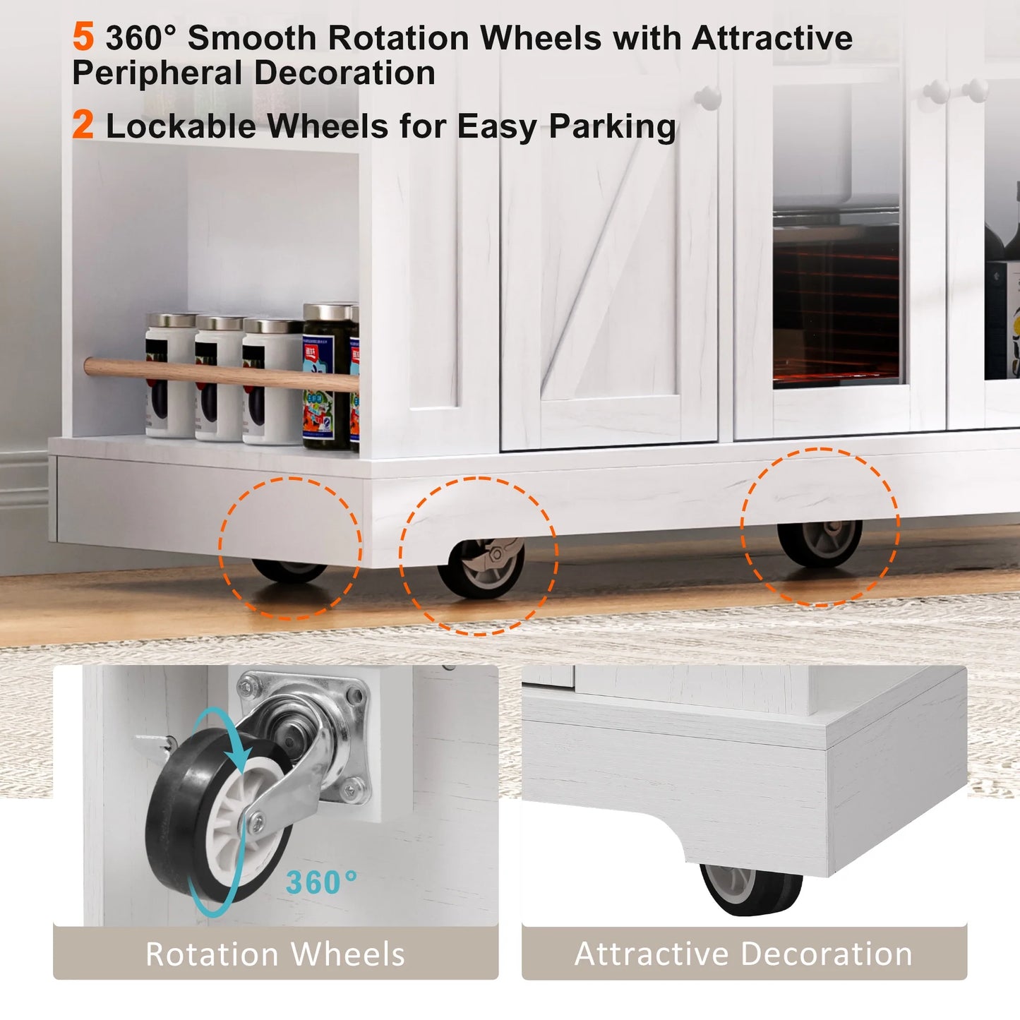 Euroco 53'' Farmhouse Kitchen Island with Two Tempered Glass Cabinet DoorsRolling Kitchen Cart on Wheels