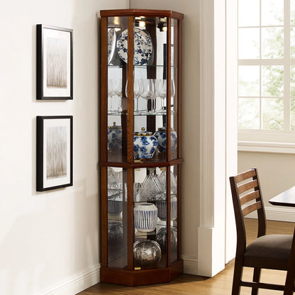 Walnut Cabinet With 6 Shelves, Adjustable Glass & Mirrored Back Design Shelf Lighted Corner Curio Shelves In
