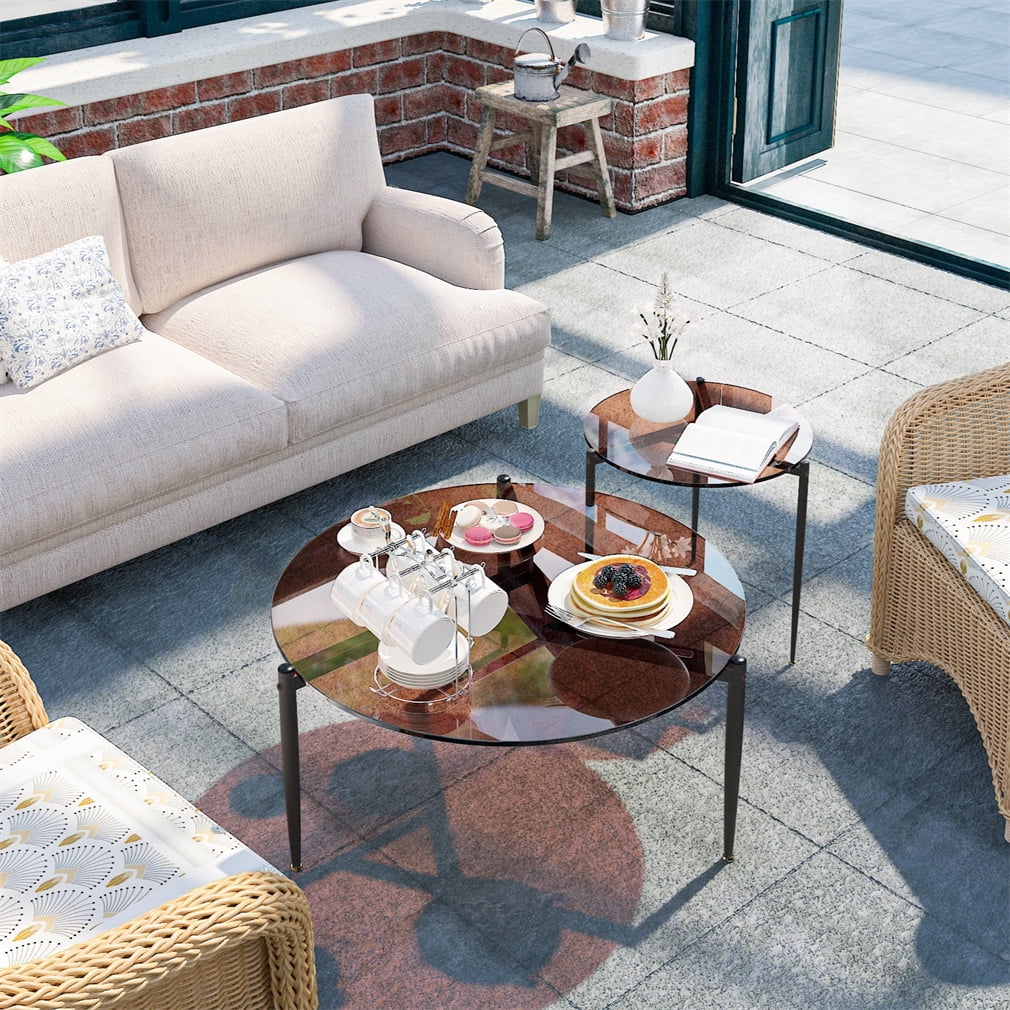 Wisfor Round Tempered Glass Table Coffee Table Steel Novelty Legs for Bedroom Living Room, Gray