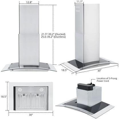 STRELECT 30 Inch Curved Glass Range Hood, 400 CFM Ductless/Ducted Convertible Stove Vent Hood with Chimney, 3 Speed Fan, LED Light, Button Control Vent Hood for Stove Kitchen