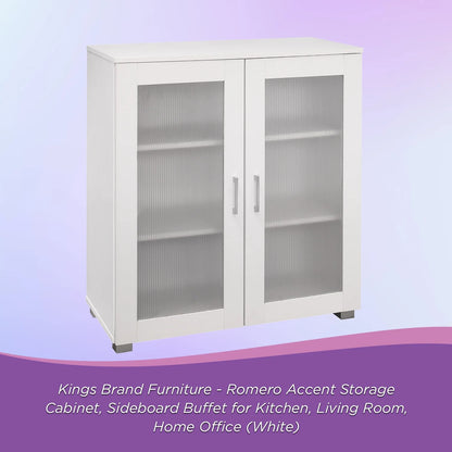 Kings Brand Furniture Wood Curio Accent Cabinet with 2 Frosted Glass Doors, 3 Inner Shelves, White