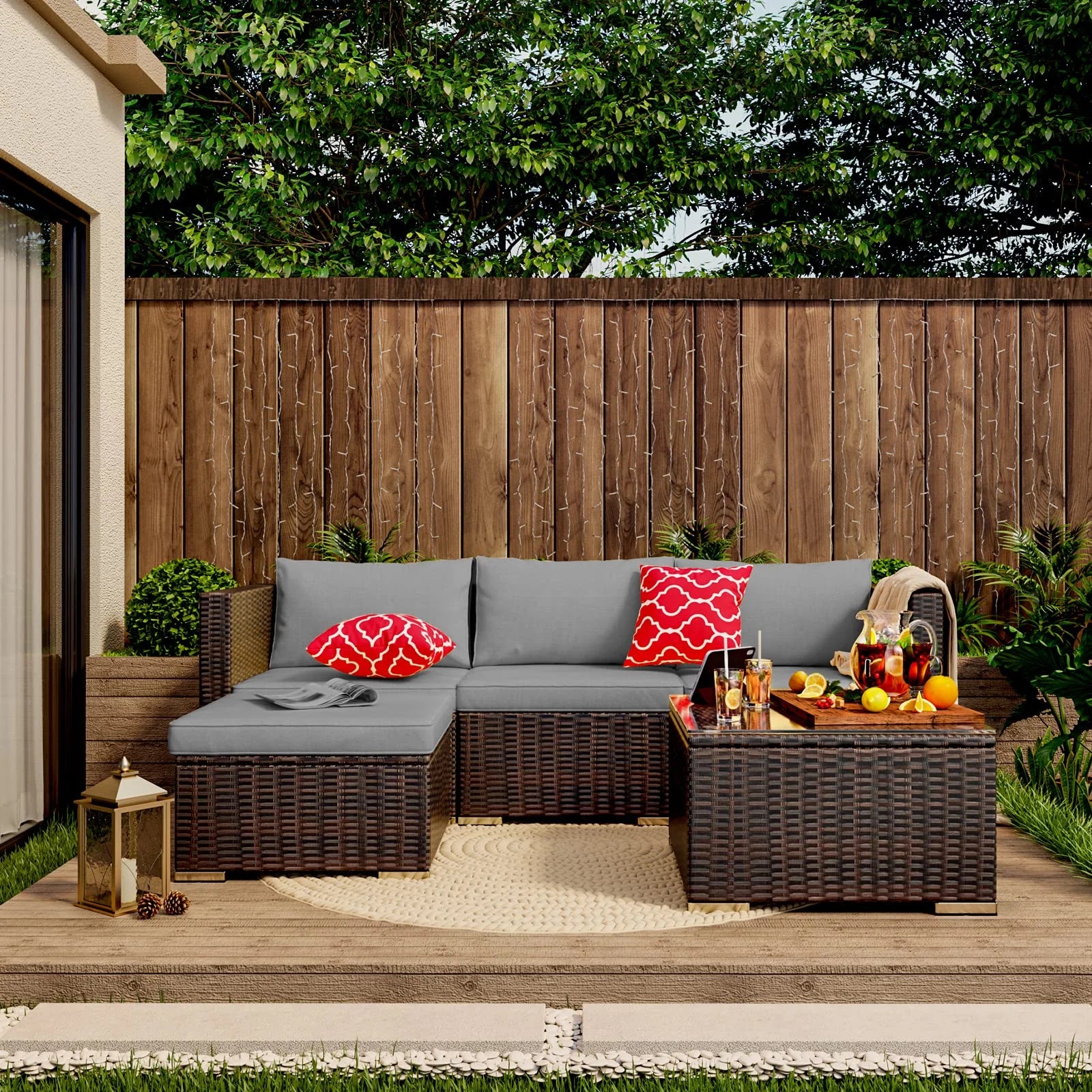 Patio Furniture Set Clearance, Lofka 5 Pieces Patio Conversation Set with Sofas and Tempered Glass Coffee Table for Outdoor Garden Gray