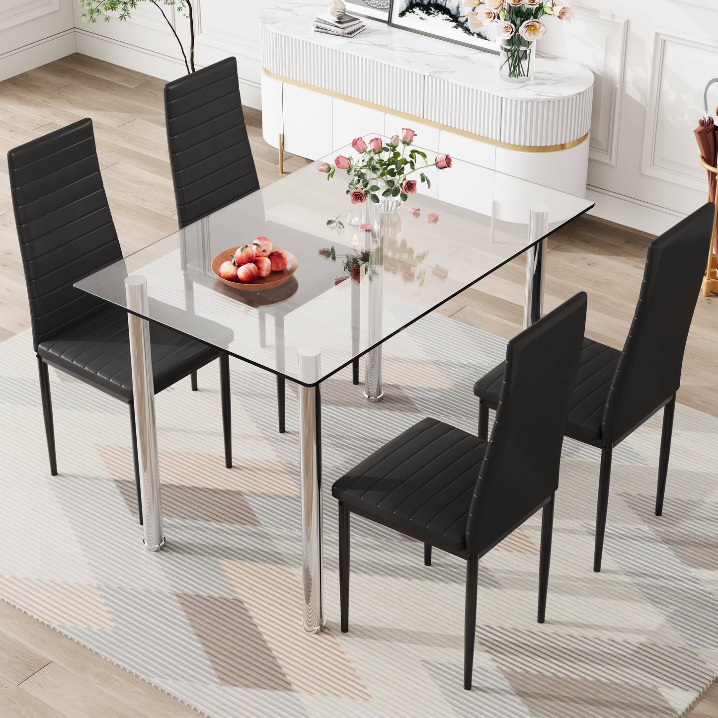 PAPROOS Dining Table Set for 4, Modern Kitchen Table Sets with Tempered Glass Dining Table and 4 PU Leather Chairs, Compact Dining Room Set for Small Space, Home Dinette Set for 4, Gray