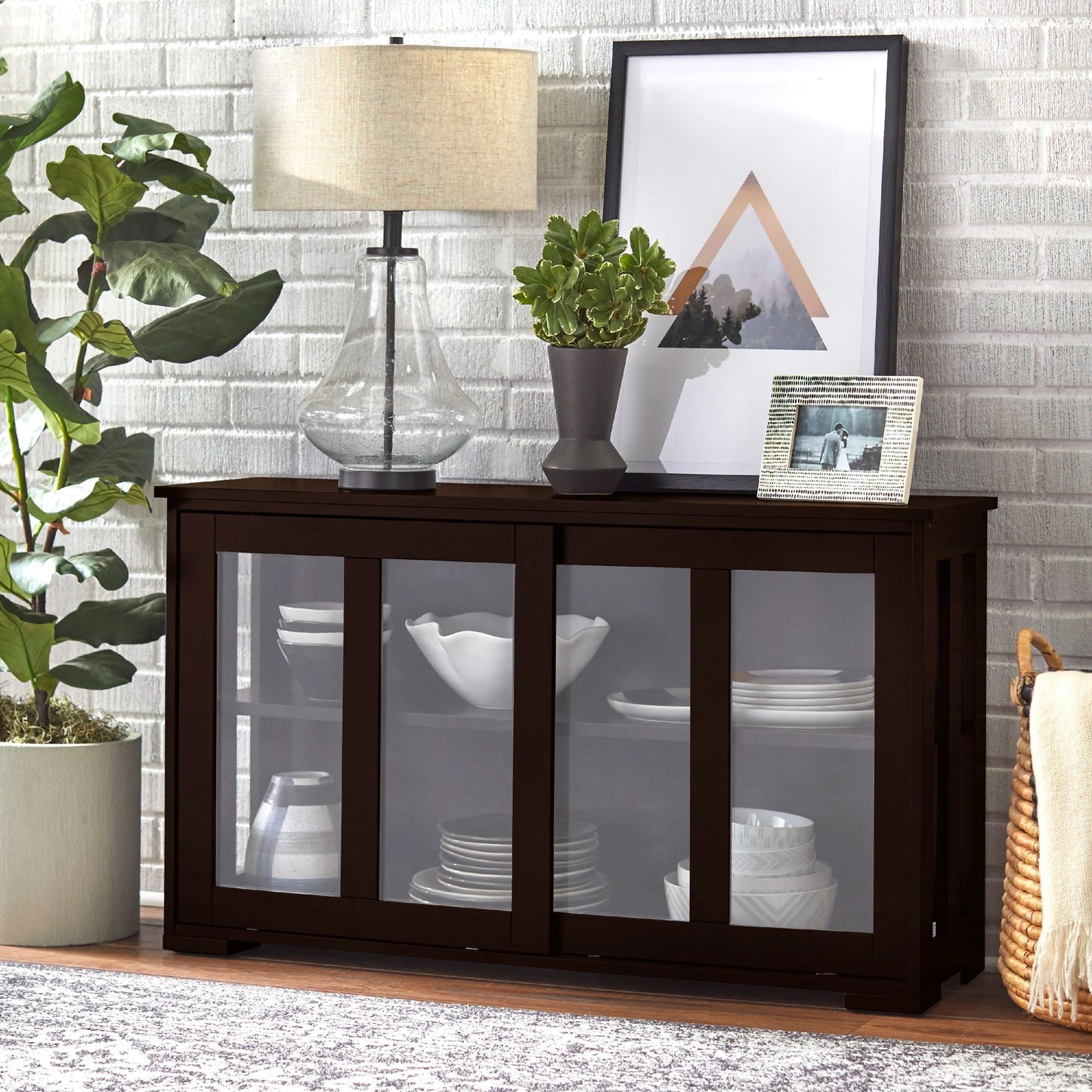 TMS 42°?Wide Contemporary Tempered Glass Sliding Door Stackable Dining Room Sideboard, Espresso Brown Finish