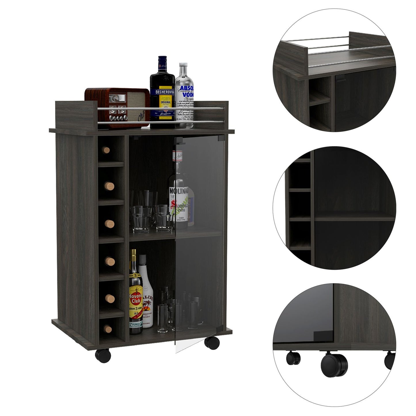 TUHOME Dukat Kitchen Bar Cart with Glass Door, Espresso