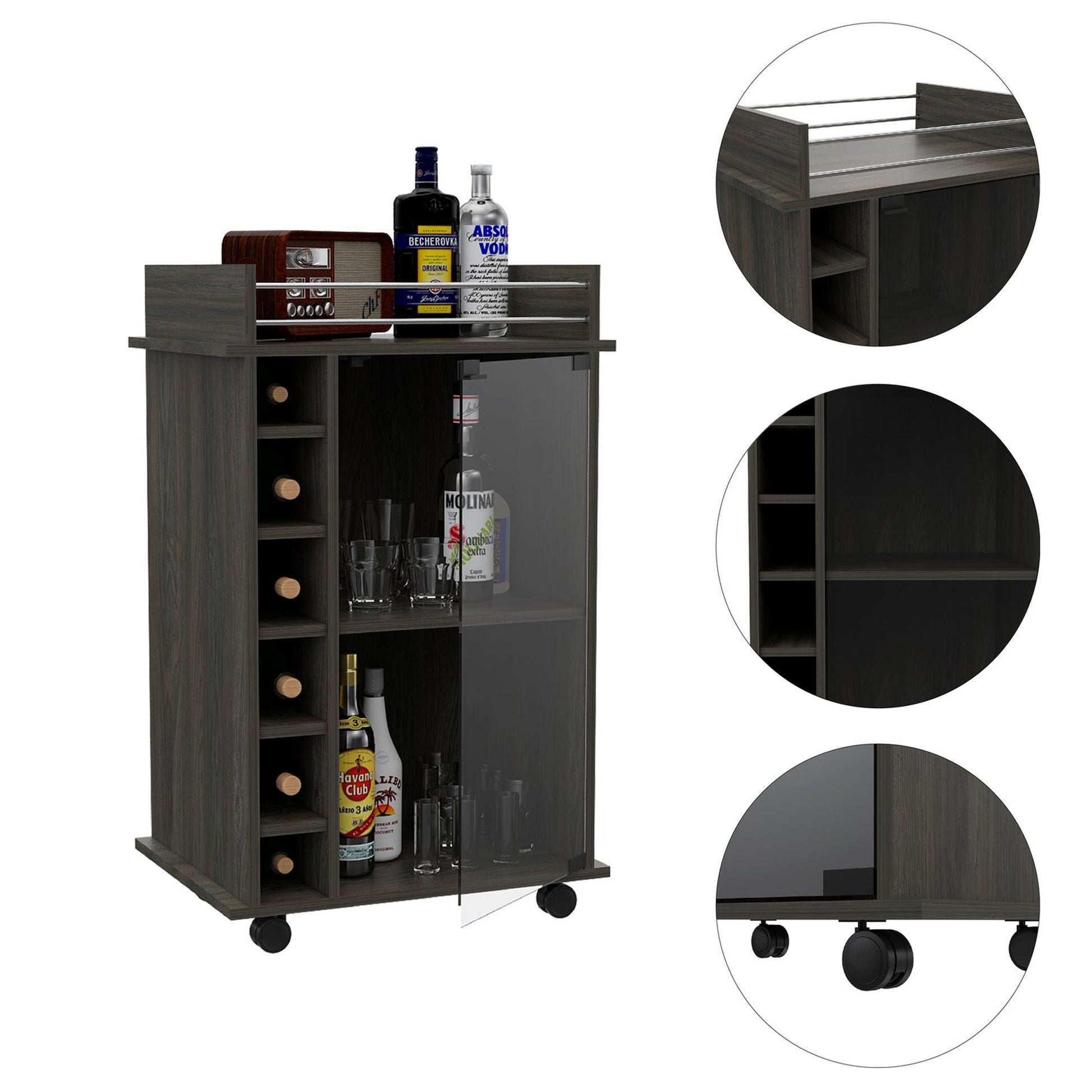 TUHOME Dukat Kitchen Bar Cart with Glass Door, Espresso
