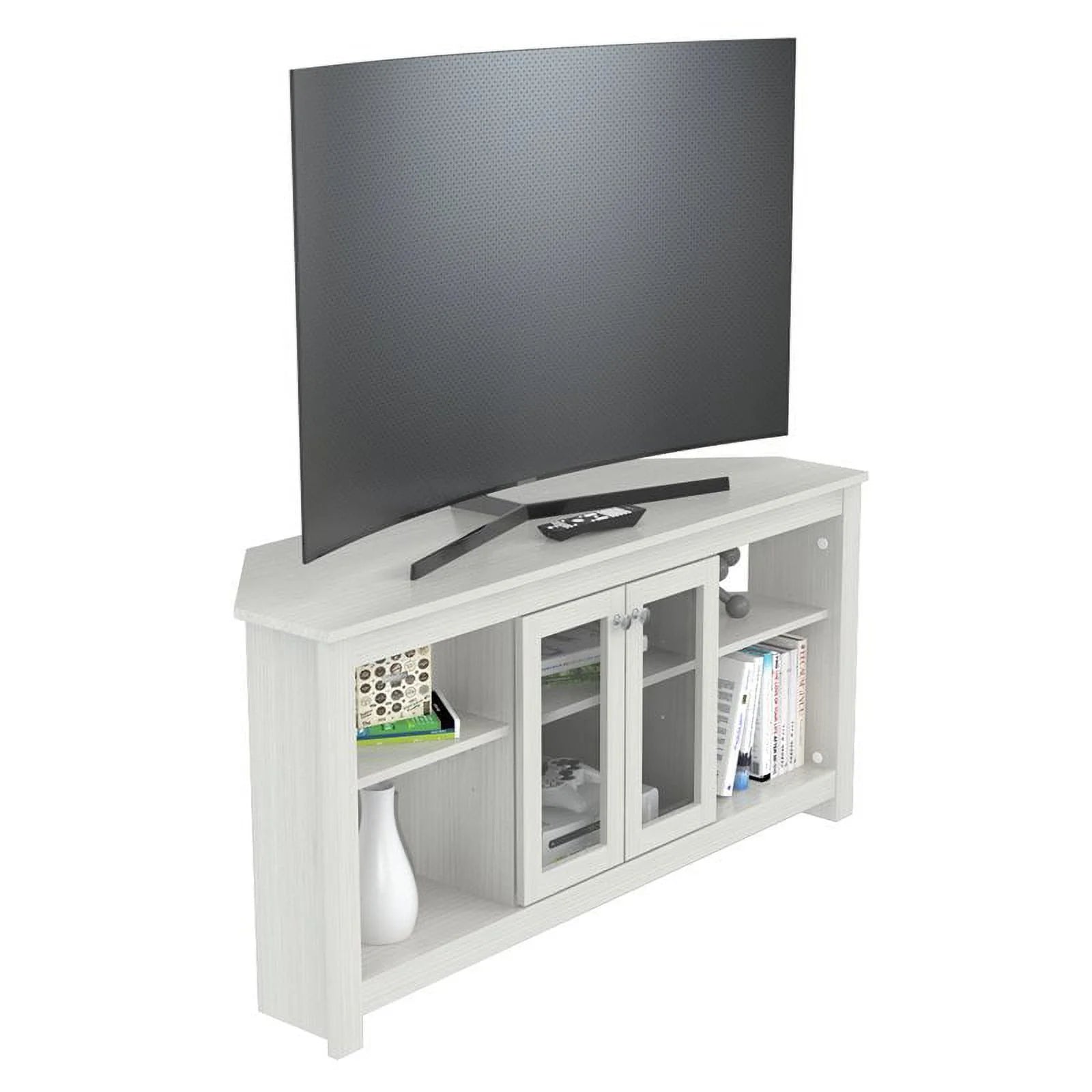 Inval Corner Laminate 60° TV Stand with Glass Doors, White
