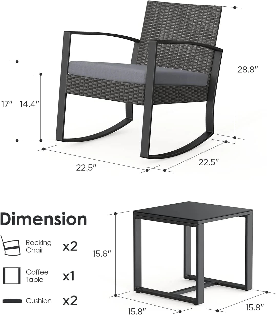 Patio Chairs Set, Outdoor Porch Balcony Furniture Set with Glass Coffee Table, Patio Rocking Wicker Chairs Set with Gray Cushion(Upgraded)