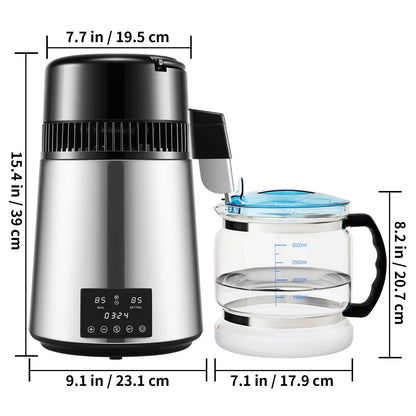 BENTISM 4L 750W Water Distiller with Dual Temp Display & Glass Carafe, Silver