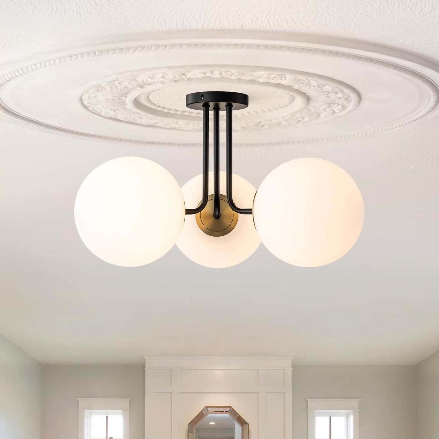 OYIPRO 3 - Light 22'' Modern Sputnik Globe Glass Semi Flush Mount Light Gold/Clear Glass