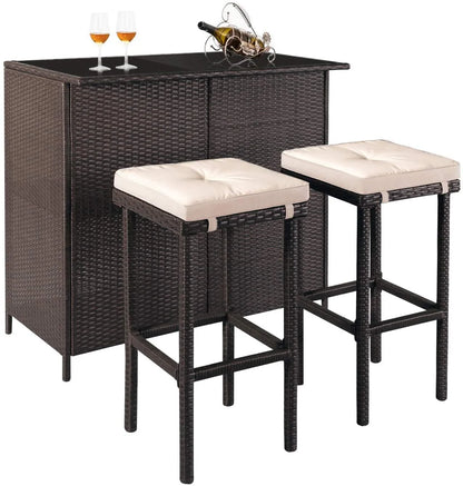 SOLAURA 3PCS Patio Outdoor Wicker Bar Set with Two Bar Stools and Glass-Top Table - Brown