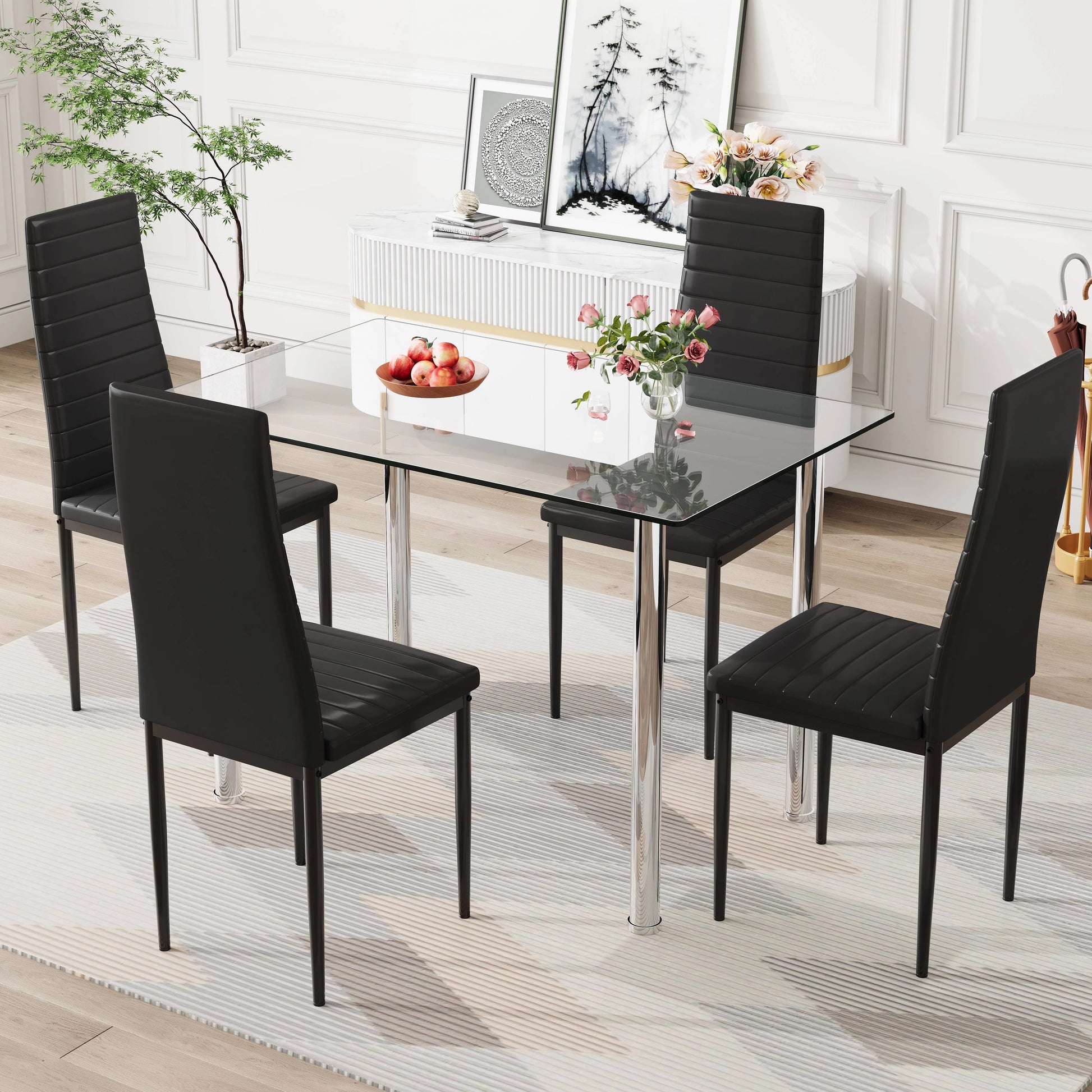 PAPROOS Dining Table Set for 4, Modern Kitchen Table Sets with Tempered Glass Dining Table and 4 PU Leather Chairs, Compact Dining Room Set for Small Space, Home Dinette Set for 4, Gray