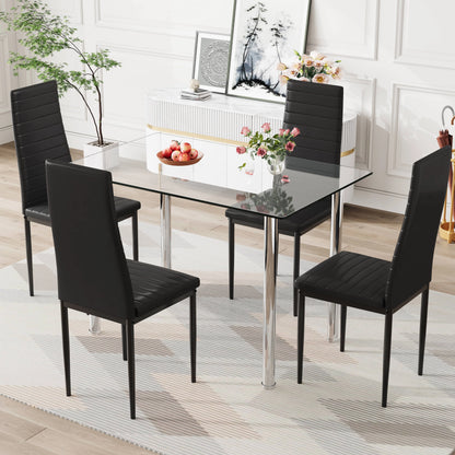 PAPROOS Dining Table Set for 4, Modern Kitchen Table Sets with Tempered Glass Dining Table and 4 PU Leather Chairs, Compact Dining Room Set for Small Space, Home Dinette Set for 4, Gray