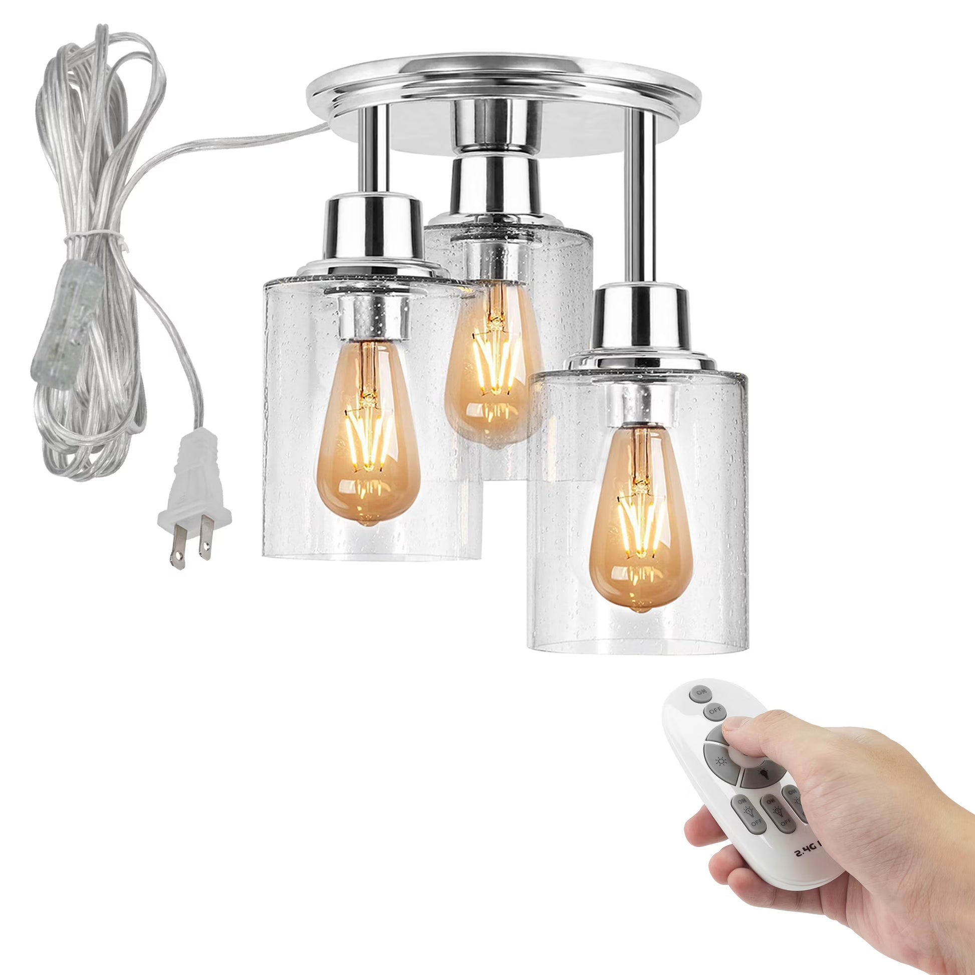 FSLiving 3-Head Glass Hanging Light with 15ft Plug-in Cord Nickel Decorative Plug In Ceiling Light Remote Control Hallway Pendant Light,Industrial Semi Flush Mount for Living Roon Bedroom