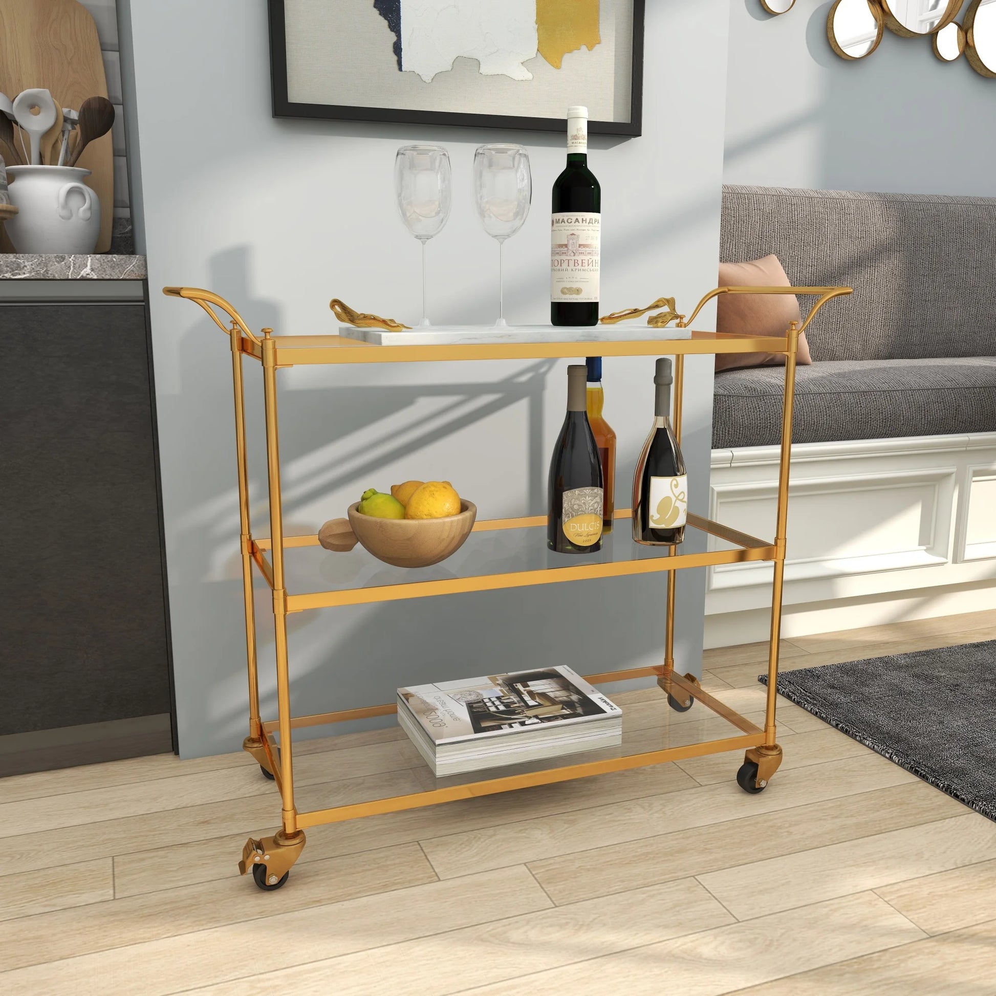 DecMode Traditional 3 Tier Gold Metal Bar Cart with Transparent Glass Shelves, 38"W x 31"H