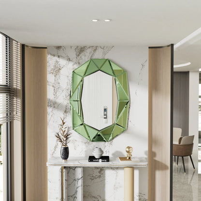 LUVODI Geometric Mirror Wall 28 x 39 inch Art Mirror Green 3D Glass Beveled for Bathroom Living Room