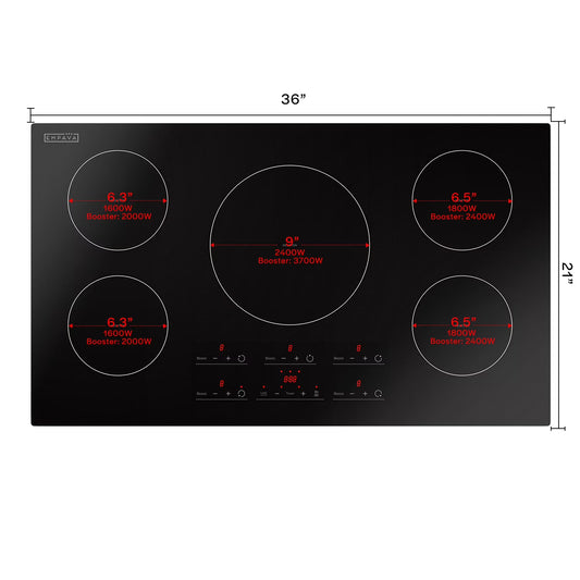 Empava 36 in. Electric Stove Induction Cooktops with 5 Power Boost Heating Elements Smooth Surface Vitro Ceramic Glass in Black