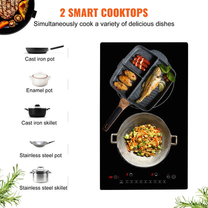 KFFKFF 12" Electric Cooktop, 1800W 2 Burners Ceramic Glass Stove Top Touch Control Built-in Magnetic Cooktop w/9 Heating Level Child Lock & Over-Temperature Protection