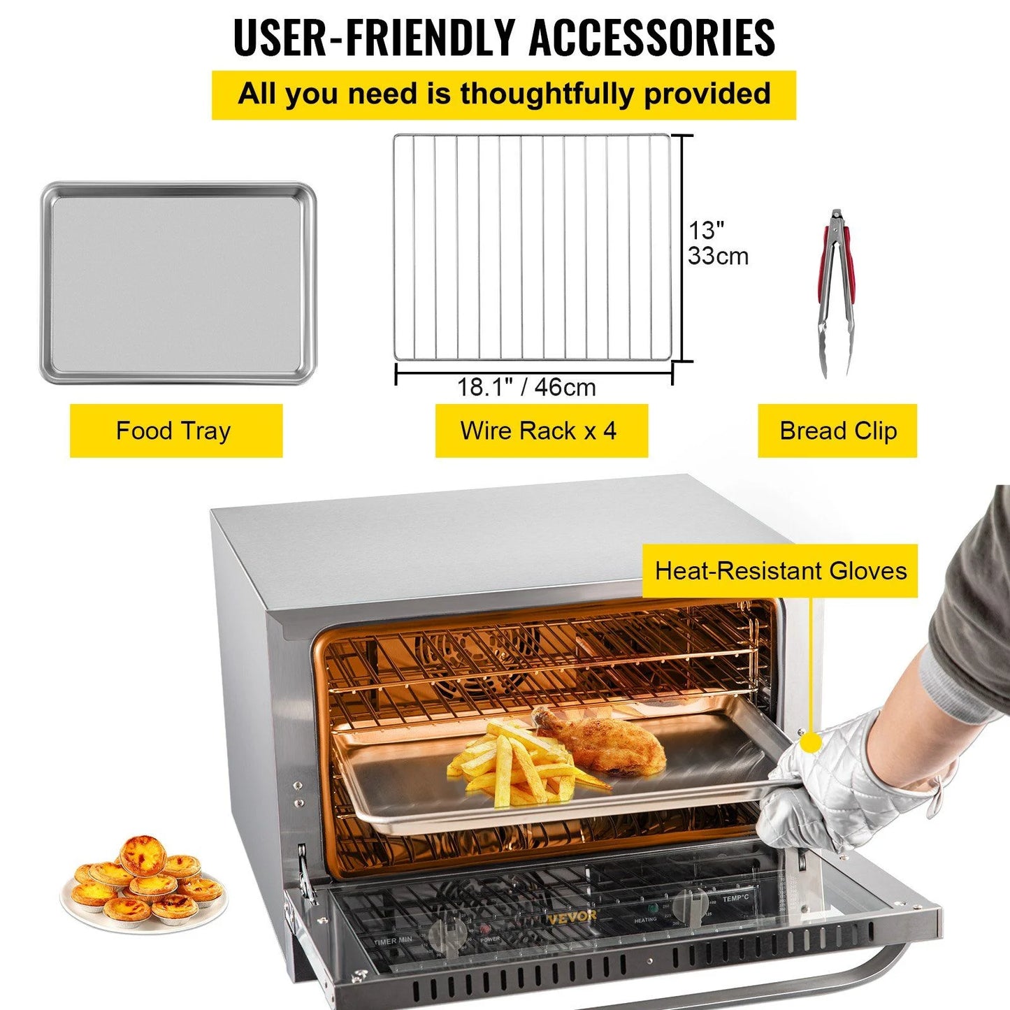 Commercial Convection Oven 47L/43Qt, Half-Size Electric Countertop Baking Oven, 1600W 4-Tier Toaster w/Front Glass Door, Wire Racks, Tray, Bread Clip & Gloves, 120V ETL Listed