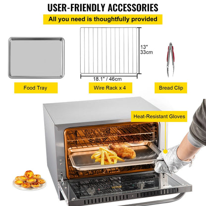 Commercial Convection Oven 47L/43Qt, Half-Size Electric Countertop Baking Oven, 1600W 4-Tier Toaster w/Front Glass Door, Wire Racks, Tray, Bread Clip & Gloves, 120V ETL Listed