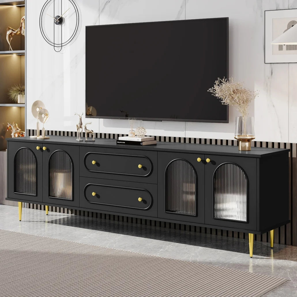 Modern 85 Inch TV Stand with Drawers and Glass Cabinets, Media Console for Living Room and Bedroom, Black MDF Entertainment Center with Cable Management and Adjustable Legs