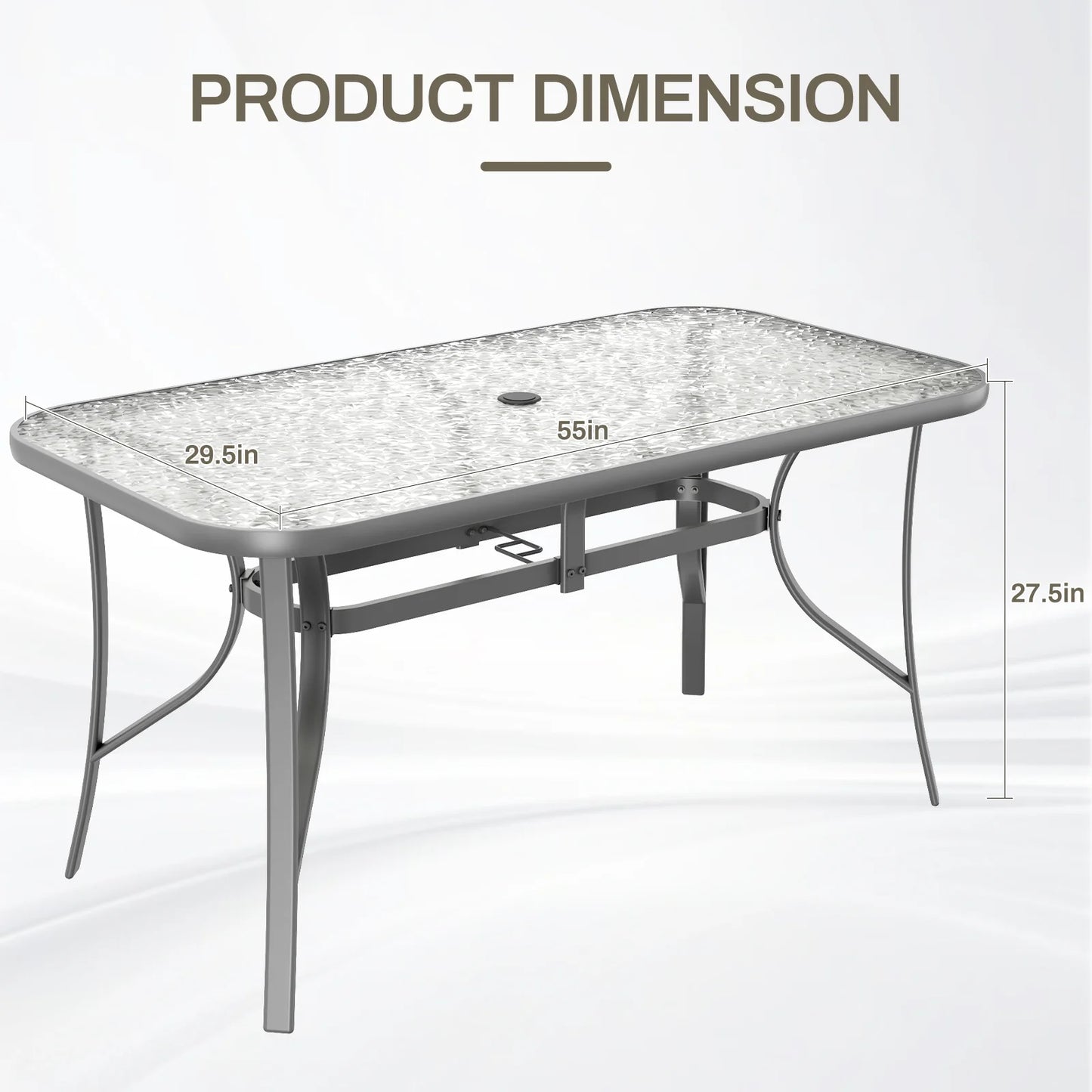 Pirecart Outdoor Glass Table with Umbrella Hole, Patio Dining Table for 6, for Garden, Balcony, Backyard, Poolside, Lawn, Gray
