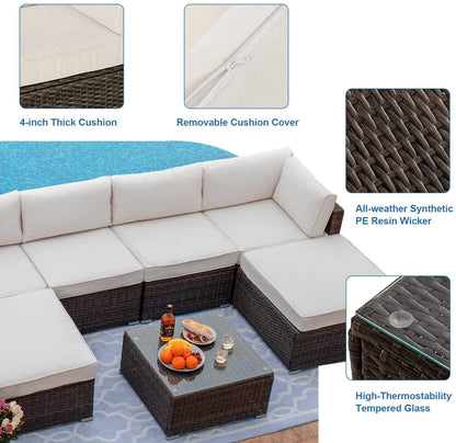 COSIEST 7-Piece Outdoor Patio Furniture Grey Wicker Sectional Sofa Set with Tempered Glass Coffee Table