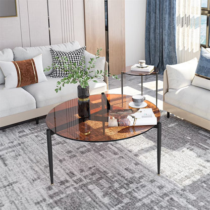 Wisfor Round Tempered Glass Table Coffee Table Steel Novelty Legs for Bedroom Living Room, Gray
