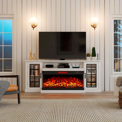 Merluxy 75in 3-Sided Glass Fireplace TV Stand for TVs up to 85", Distressed White