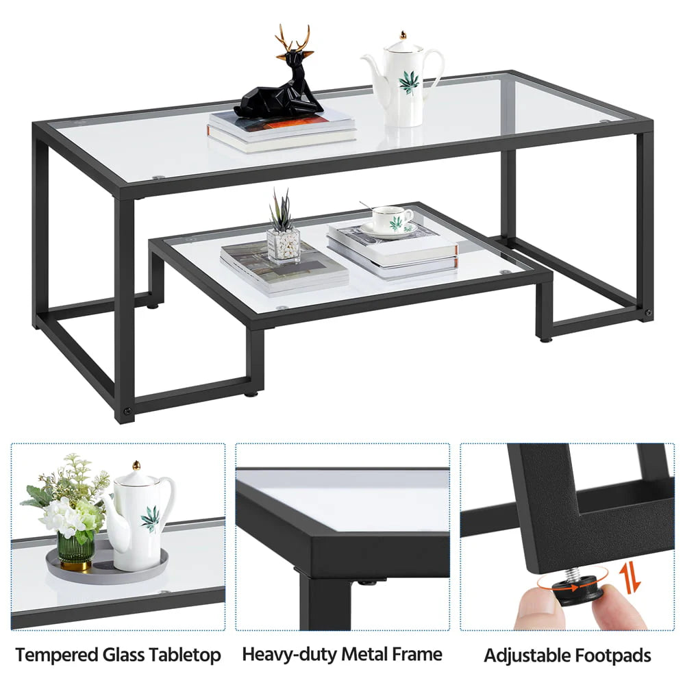 Smile Mart Modern Glass Coffee Table with Metal Frame, Black