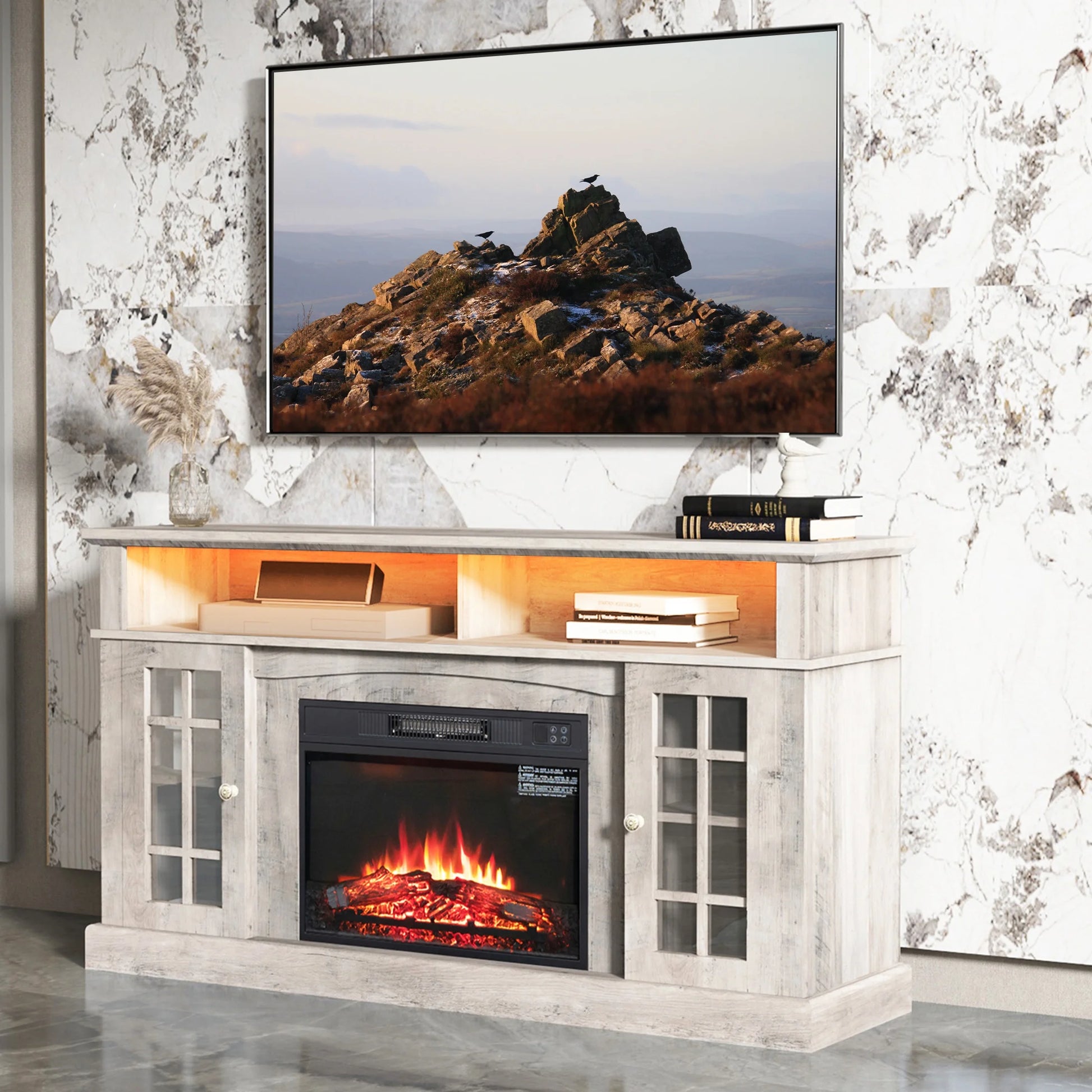 Electric Fireplace TV Stand for 65" TV, Farmhouse TV Stand for Living Room with Adjustable Shelves and Glass Doors, Media Console with Wireless Remote Control Virtual Flame Fireplace, Gray