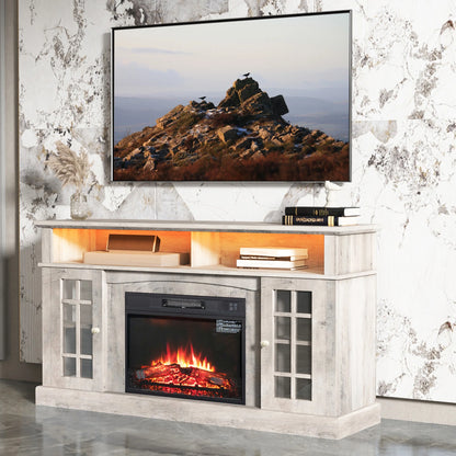 Electric Fireplace TV Stand for 65" TV, Farmhouse TV Stand for Living Room with Adjustable Shelves and Glass Doors, Media Console with Wireless Remote Control Virtual Flame Fireplace, Gray