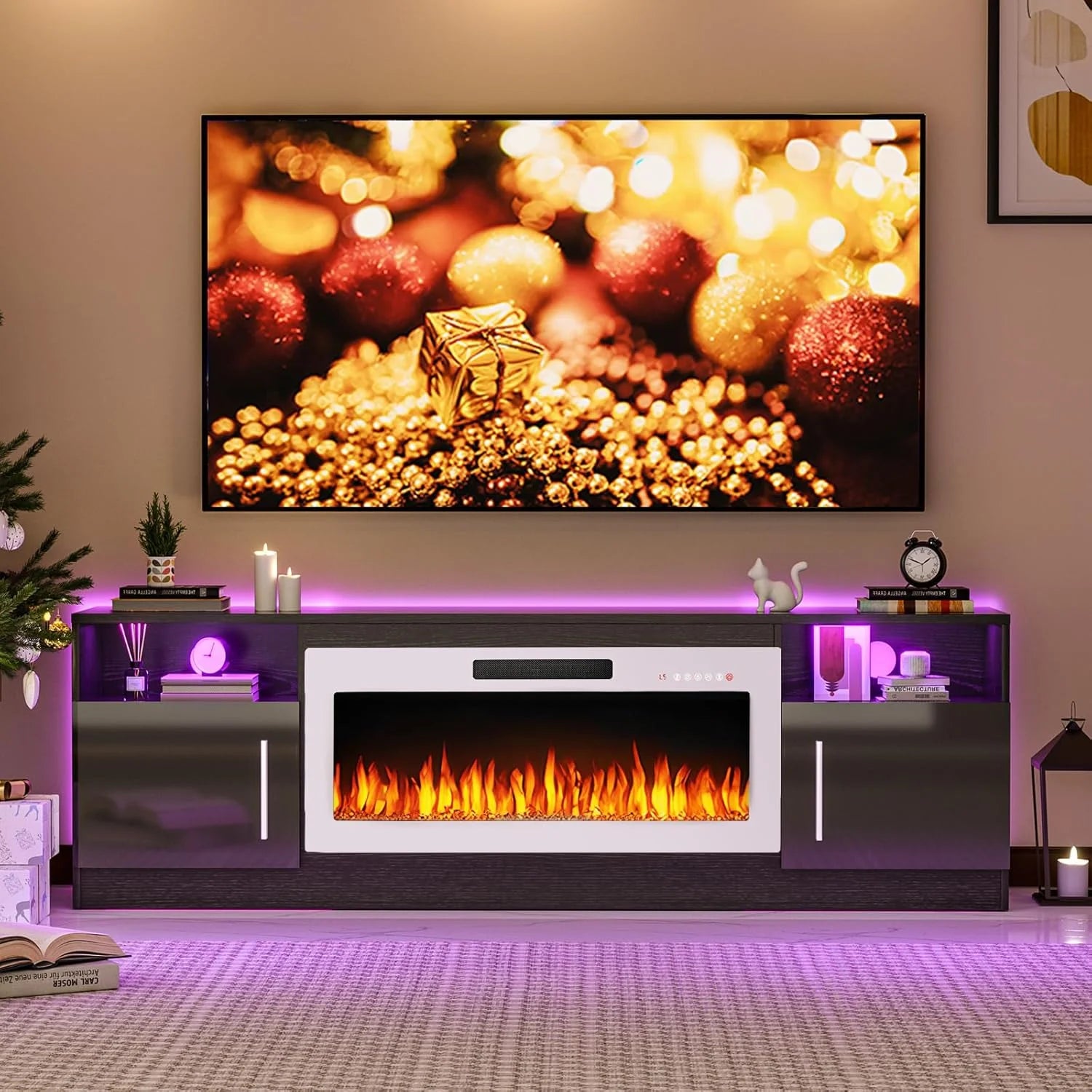 Waleaf Fireplace TV Stand with 18'' Fireplace for TVs up to 65 inch, Two Adjustable Glass Shelves