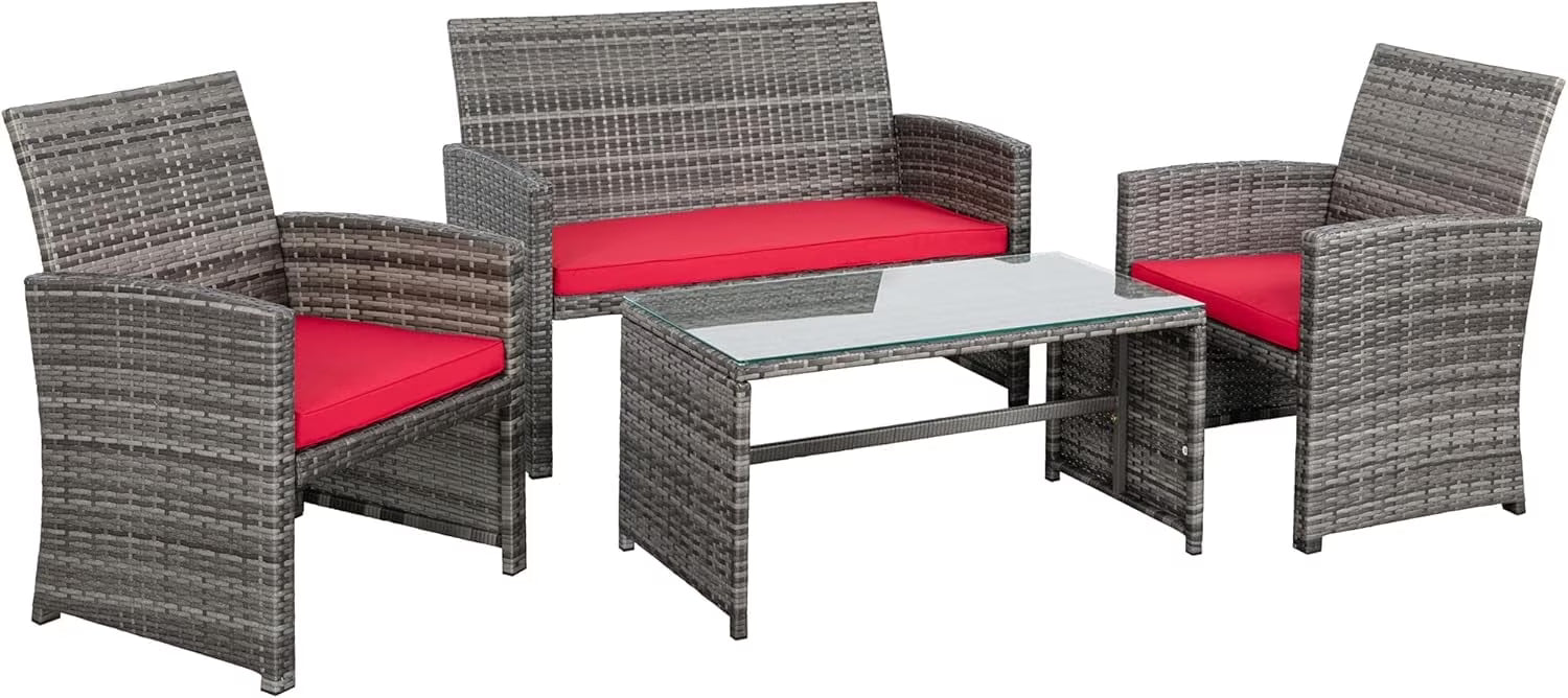 4-Piece Outdoor Gray Wicker Patio Conversation Furniture Set, Rattan Patio Furniture Set with Weather Resistant Cushions and Tempered Glass Tabletop,Red