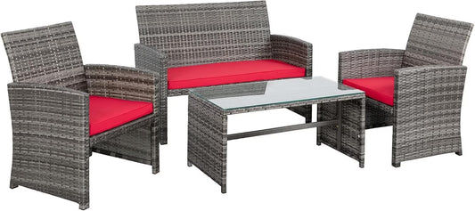 4-Piece Outdoor Gray Wicker Patio Conversation Furniture Set, Rattan Patio Furniture Set with Weather Resistant Cushions and Tempered Glass Tabletop,Red