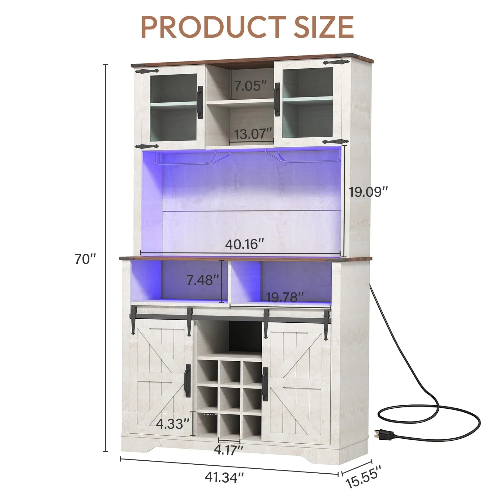 72" Farmhosue Coffee Bar Cabinet with Storage, Tall Kitchen Buffet with Hutch & Wine & Glasses Rack, Sliding Barn Door, Charging Station, RGB Lighting, 12 Storage Shelves, Sideboard Table