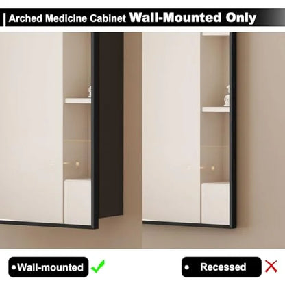 Black Arched Medicine Cabinet with Mirror, 16x31Inch, Bathroom, Modern Style, 3 Glass Shelves, Wall Mount