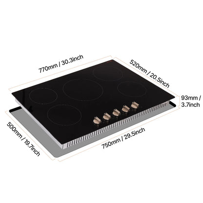 KFFKFF 30 Inch Induction Stove, 9200W Built-in Stove Top, 5 Burner Electric Cooktop with Knob Control Cooktop, 12 Power Levels Integrated Induction Stove with Glass Top, Automatic Power-Off