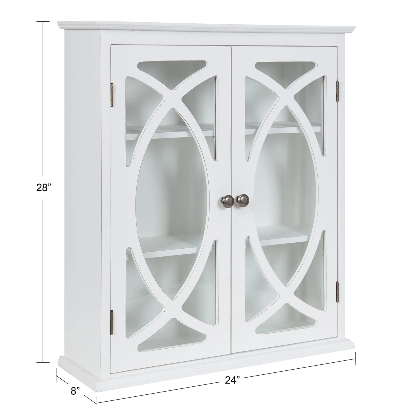 Kate and Laurel Quinlan Wood Wall Cabinet, 24 x 8 x 28, White, Decorative Traditional Storage Cabinet with Two Glass Doors and Three Interior Shelves