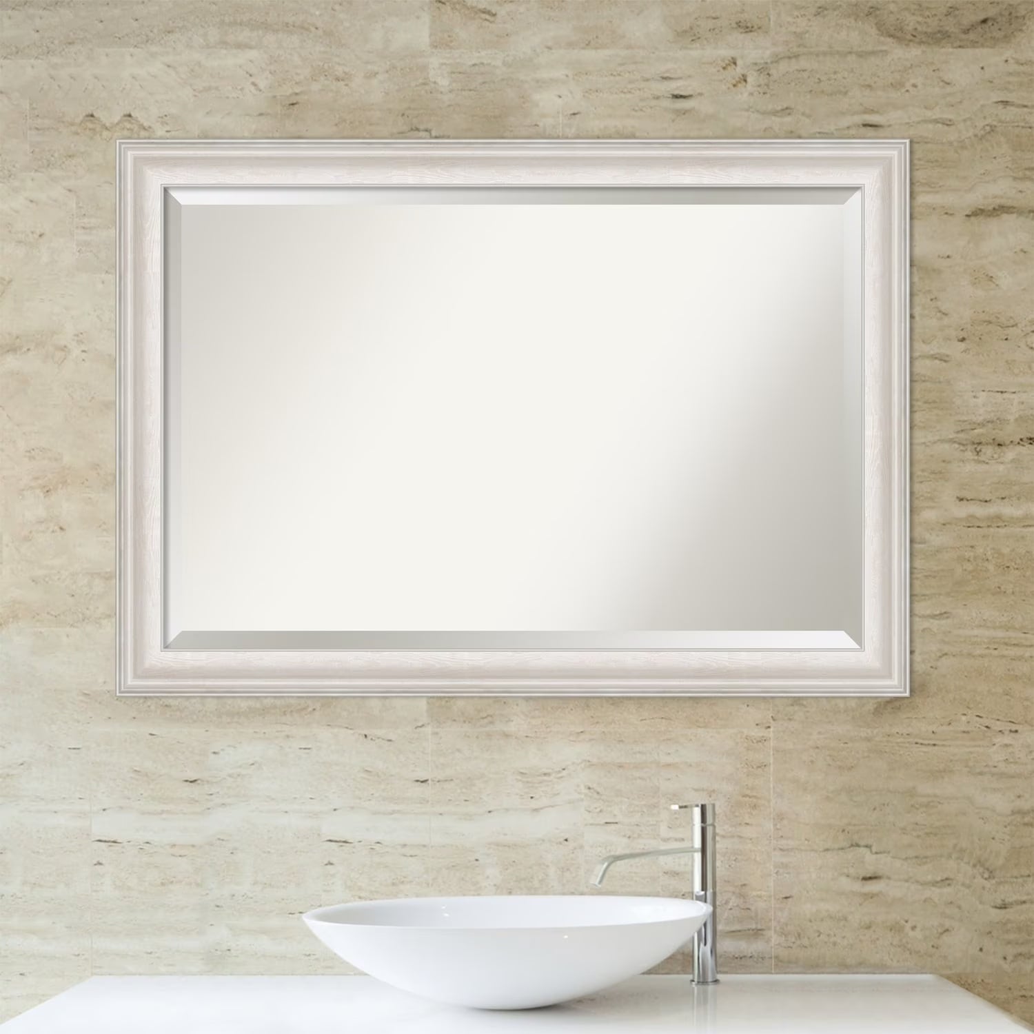 Amanti Art Wall Mounted Framed Vanity Mirror, Glass Size 40x30, Trio White Wash Silver
