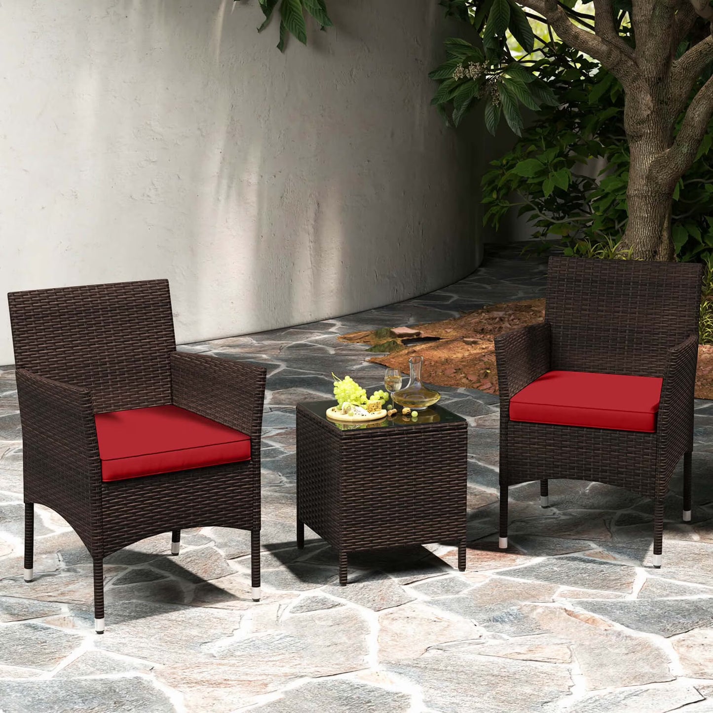 Costway 3 PCS Outdoor Conversation Set with Cushioned Seat & Tempered Glass Tabletop Beige