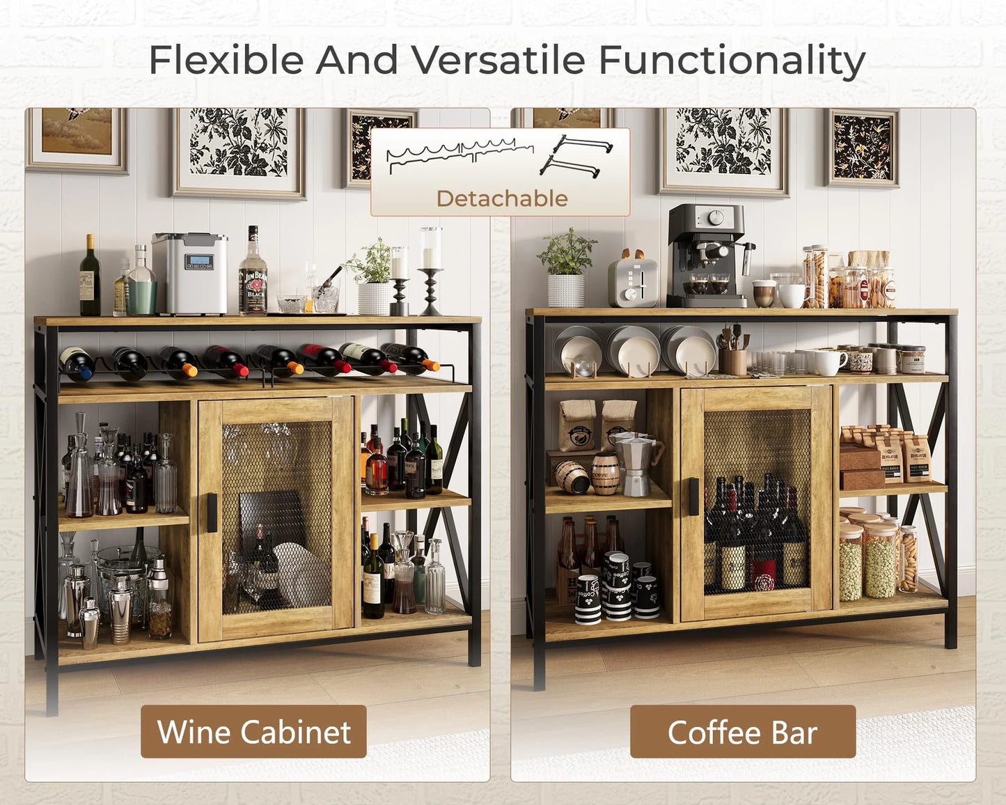 Vividwood Wine Bar Cabinet with Storage, Industrial Liquor Cabinet with Wine Rack & Glass Holder, Small Wood Metal Cart Bar Alcohol Table Sideboard Buffet for Home Kitchen Living Room, Oak