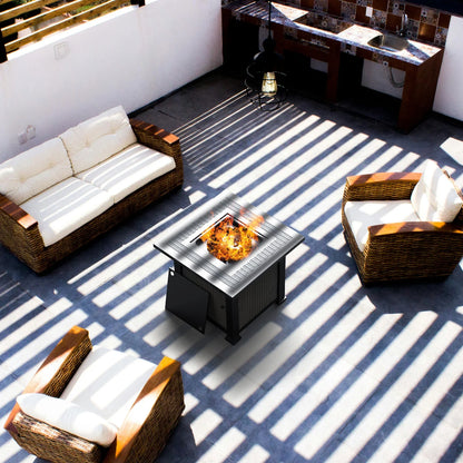 28 Inch Propane Fire Pit Table, Rattan & Wicker-Look 50,000 BTU Gas Firepits with Fire Glass for Outside Patio and Garden