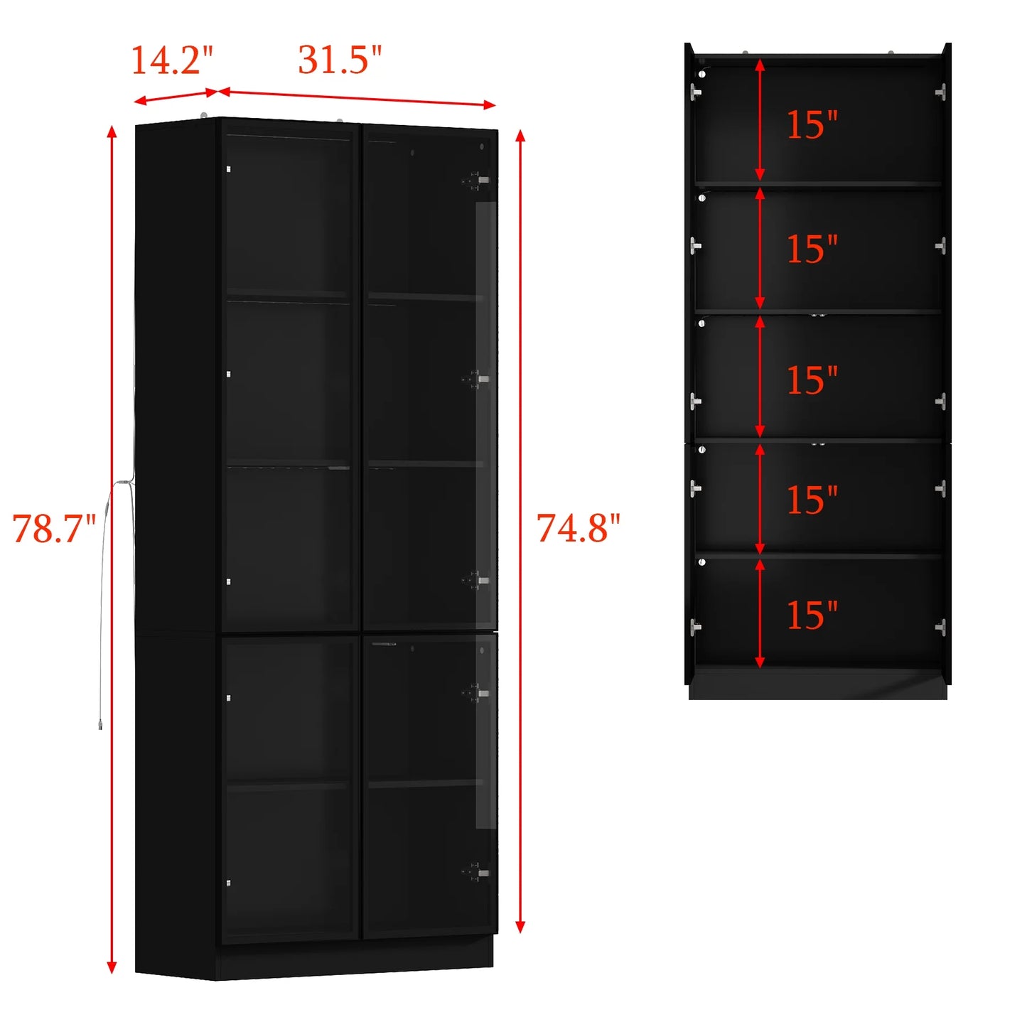KULAGAGA Bookcases Organizer with LED Lights, Heavy Duty Display Cabinet with Glass Door for Living Room, 31.5" Wide
